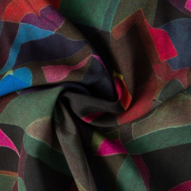Tissu EcoVero Viscose motifs graphique multicolore sur fond kaki - Par 10 cm