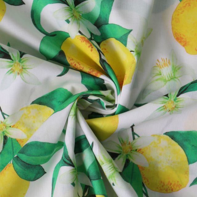 Tissu Coton imprimé  Citrus flower sur fond Blanc