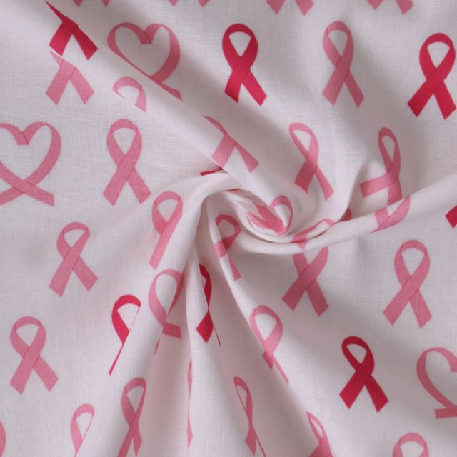Tissu Coton imprimé  Ruban d’Espoir octobre rose sur fond Blanc