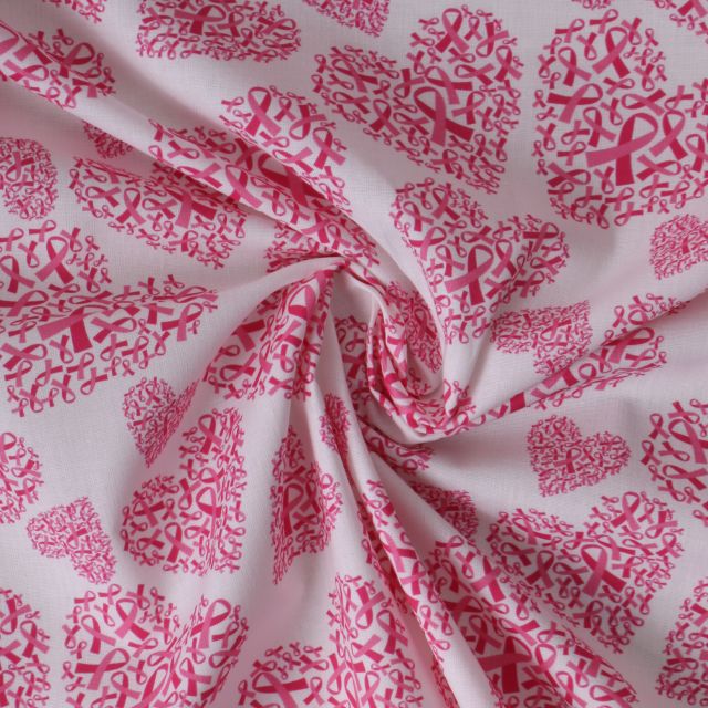 Tissu Coton imprimé  Love octobre rose sur fond Blanc