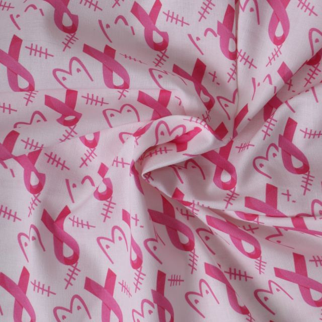 Tissu Coton imprimé  Boobs ruban rose sur fond Blanc