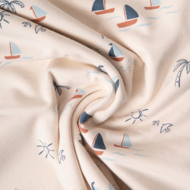 Tissu Jersey Coton Bateaux sur fond écru x10cm