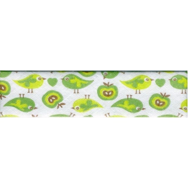 Biais replié 20 mm Vert Pommes et oiseaux x1m