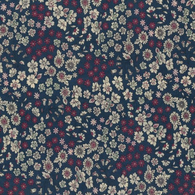Tissu Coton Frou-Frou Fleuri N°7 Bleu foncé et ecru - Par 10 cm