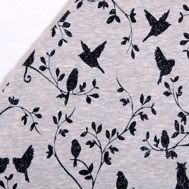 Tissu Sweat Envers Minky Gris chiné Oiseaux et chats à paillettes Noirs - Par 10 cm