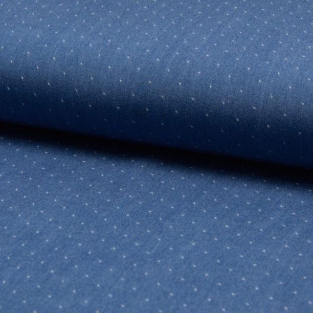 Tissu Chambray Tencel Bleu jean clair Pois Blancs - Par 10 cm
