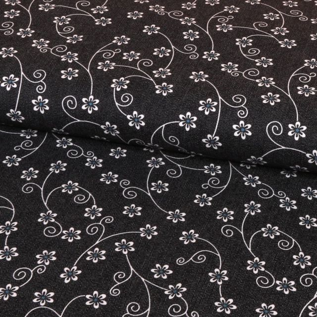 Tissu Denim Stretch Fleuris Marine - Par 10 cm