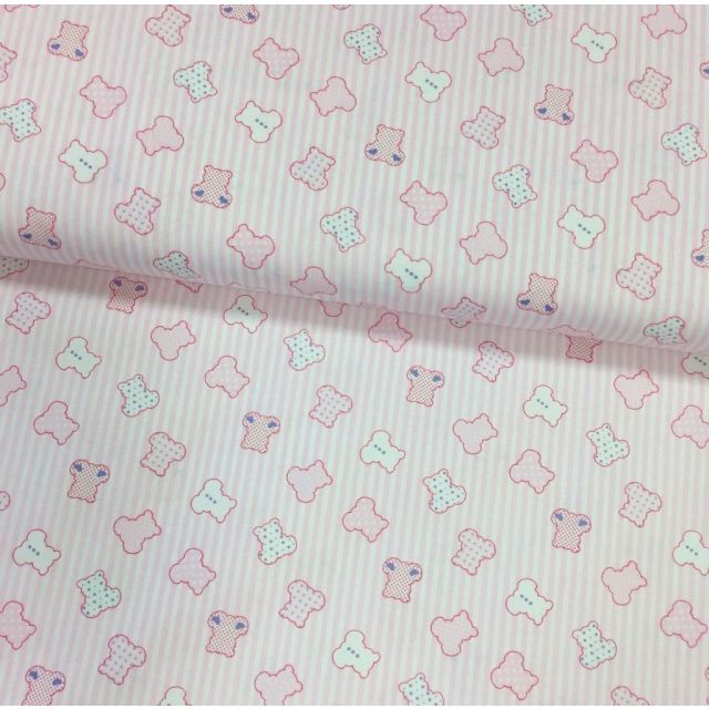 Tissu Popeline imprimée Rose bébé Oursons Roses - Par 10 cm