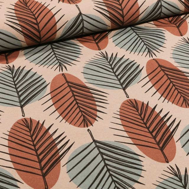 Tissu Toile Coton Feuilles et pois marron et bleus sur fond Naturel - Par 10 cm