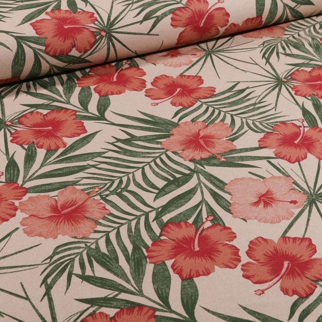 Tissu Toile Coton Hibiscus rose sur fond Naturel - Par 10 cm