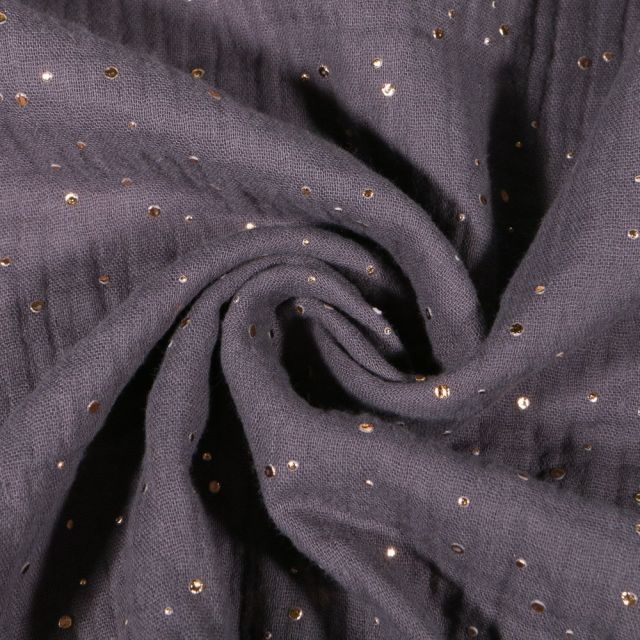 Tissu Double gaze Lina Pois dorés sur fond Gris foncé - Par 10 cm