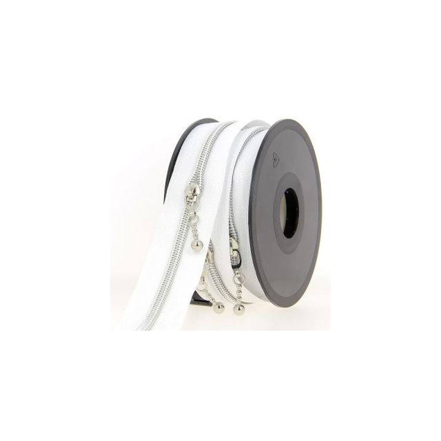 Fermeture spirale N°5 blanche avec curseurs  bille argentée - Au mètre