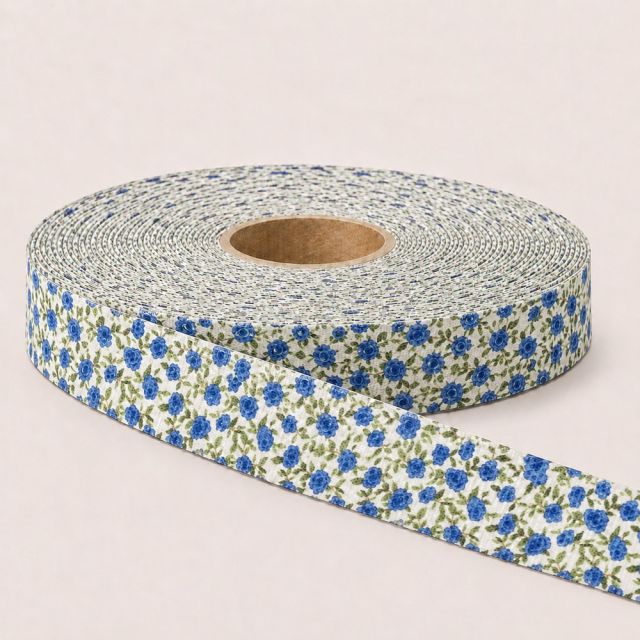 Sangle Polyester aspect Coton 30 mm Fleuris bleu