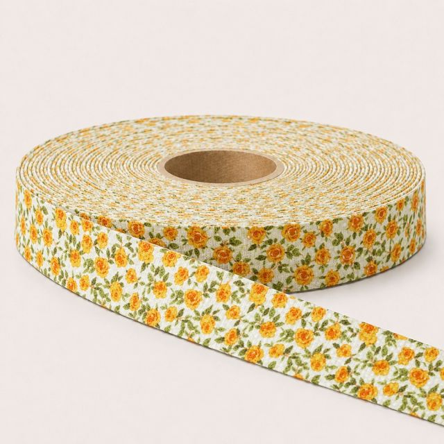 Sangle Polyester aspect Coton 30 mm Fleuris jaune