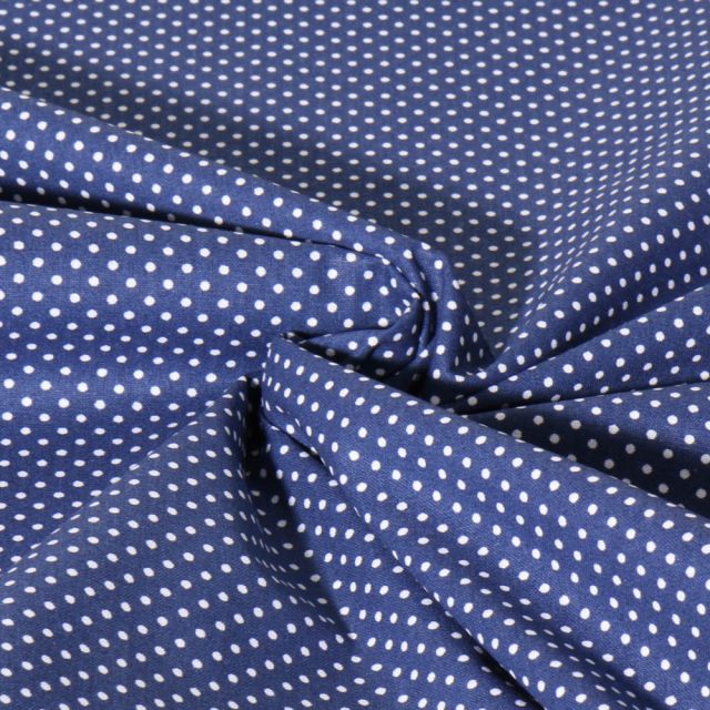 Tissu Popeline de Coton  Carmella à pois blanc sur fond Bleu marine