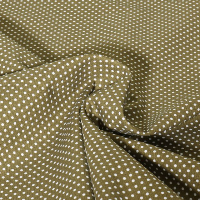 Tissu Popeline de Coton  Carmella à pois blanc sur fond Vert kaki