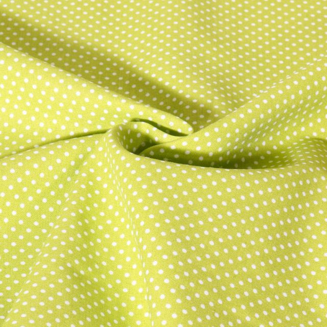Tissu Popeline de Coton  Carmella à pois blanc sur fond Vert anis
