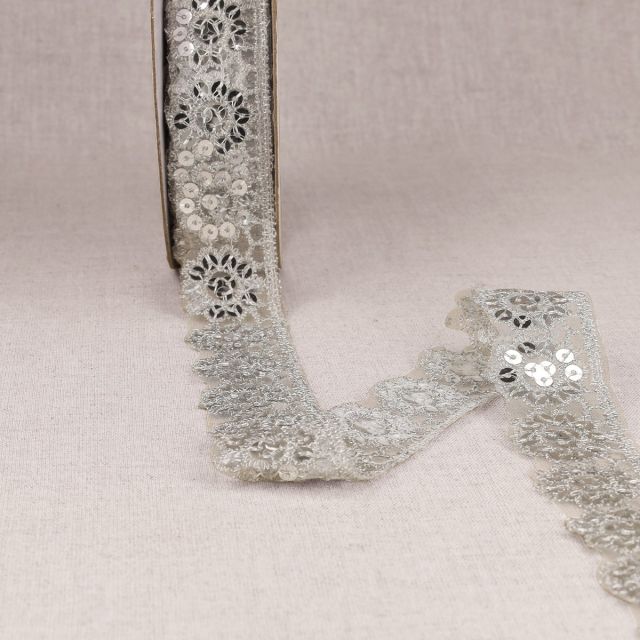 Ruban Dentelle pailleté 30 mm Argent x1m