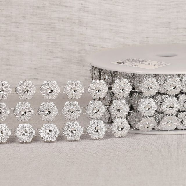Galon Fleurs paillettes 55 mm 3 rangs Argent x1m