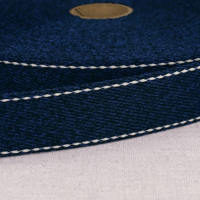 Sangle chinée point sellier 30 mm Bleu marine x1m