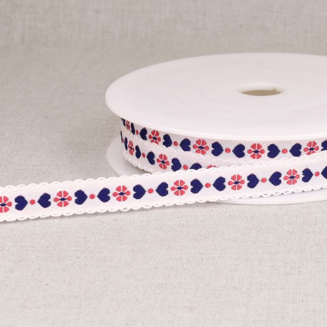 Ruban imprimé 15 mm coeurs sur fond Blanc x1m