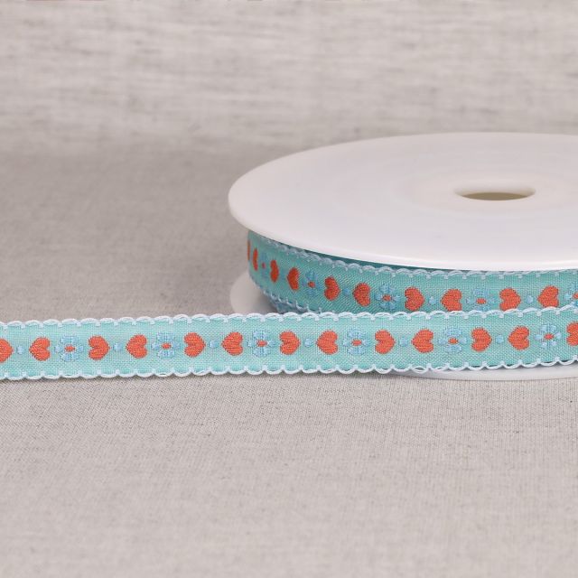Ruban imprimé 15 mm coeurs sur fond Bleu clair x1m