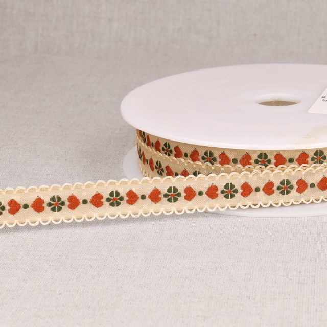 Ruban imprimé 15 mm coeurs sur fond Ecru x1m