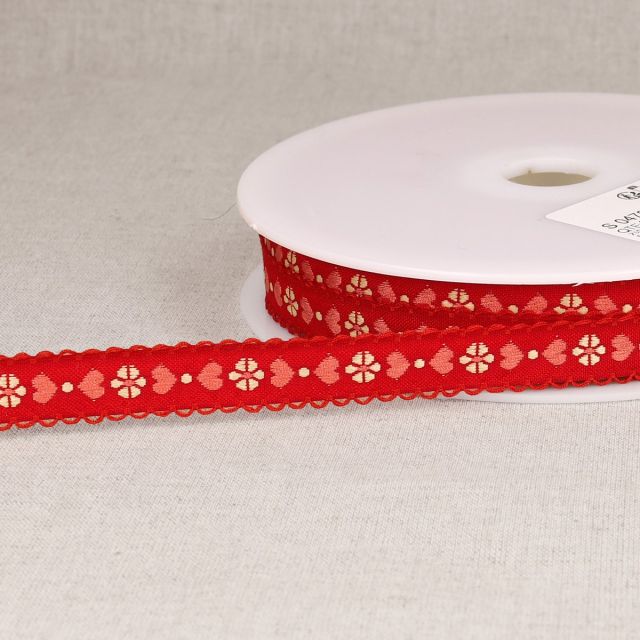 Ruban imprimé 15 mm coeurs sur fond Rouge x1m