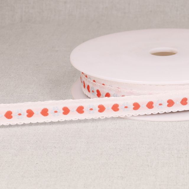 Ruban imprimé 15 mm coeurs sur fond Rose pâle x1m