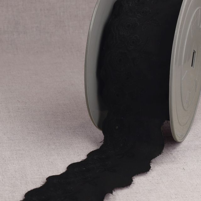 Ruban Broderie anglaise 50 mm bouquet fleurs  Noir x1m