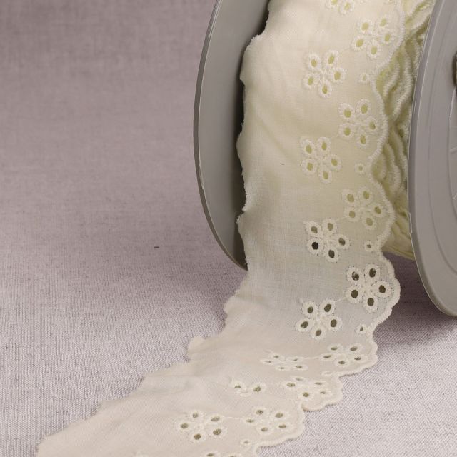 Ruban Broderie anglaise petites fleurs 50 mm Ecru x1m