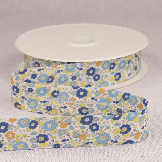 Biais replié 25mm Petites fleurs Bleu x1m