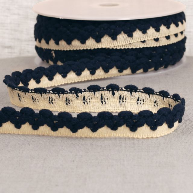 Tresse zig zag 22 mm pompons Bleu marine x1m