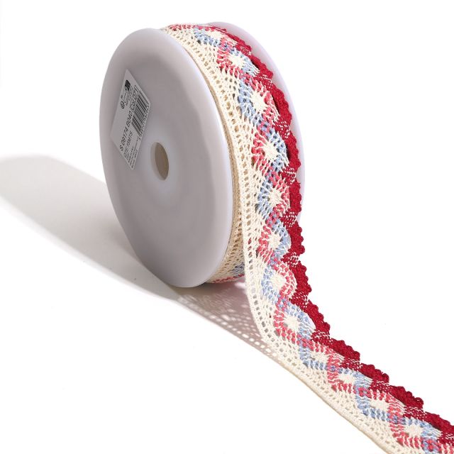 Dentelle ondulations 40 mm Bordeaux et bleu clair x1m