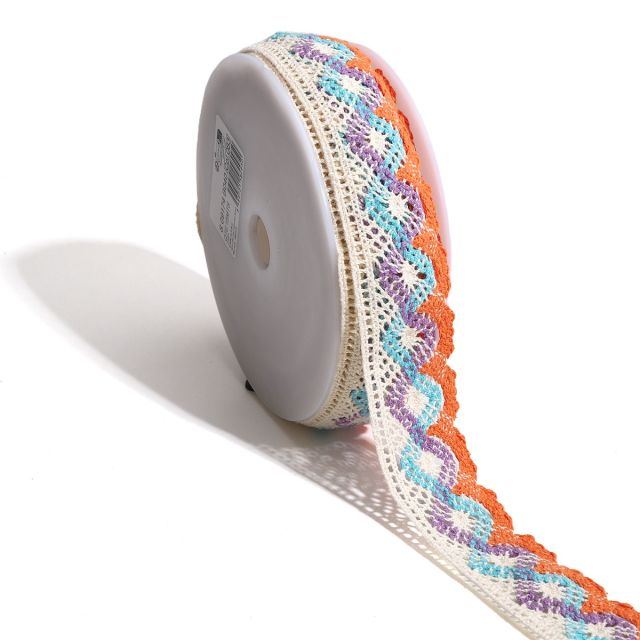 Dentelle ondulations 40 mm Orange, bleu et parme x1m