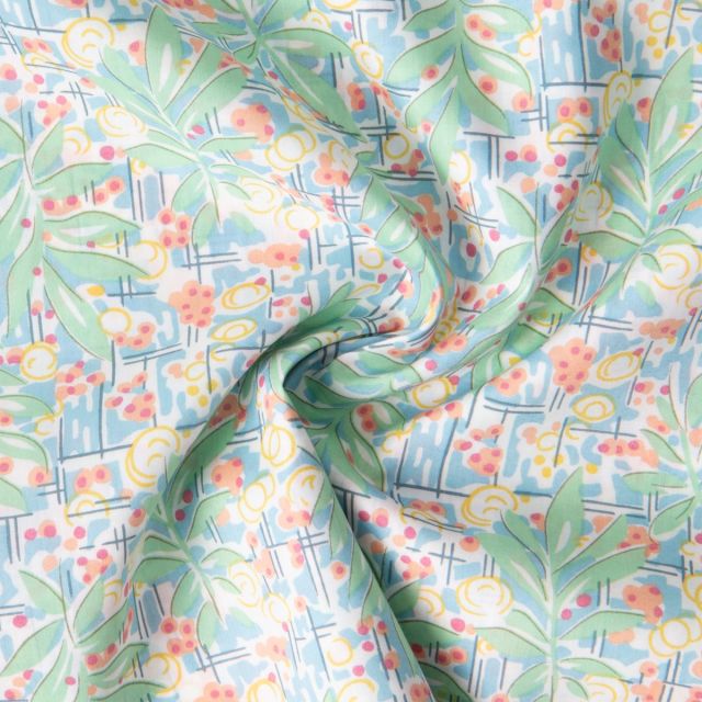 Tissu Coton Liberty of London Bleu et vert amande sur fond Blanc