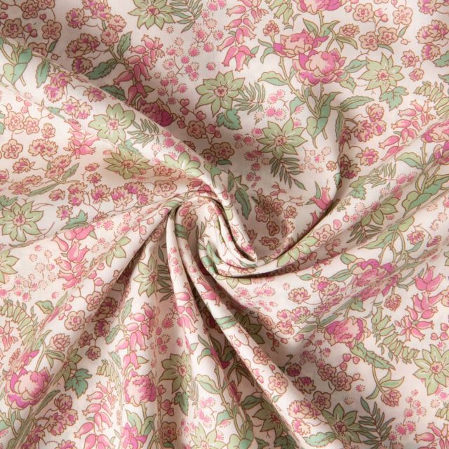 Tissu Coton Liberty of London Fleuris rose et vert sur fond Ecru