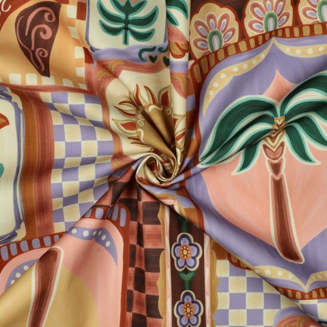 Tissu Déperlant impression digital Patchwork méditerranéen sur fond Lilas