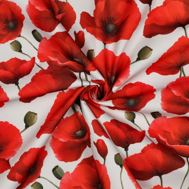 Tissu Déperlant impression digital Coquelicots rouges sur fond Blanc cassé