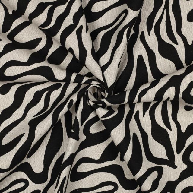 Tissu Toile Polycoton canvas aspect lin Lila motif zebré Noir sur fond Naturel