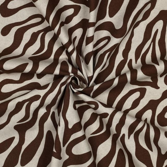 Tissu Toile Polycoton canvas aspect lin Lila motif zebré Marron sur fond Naturel