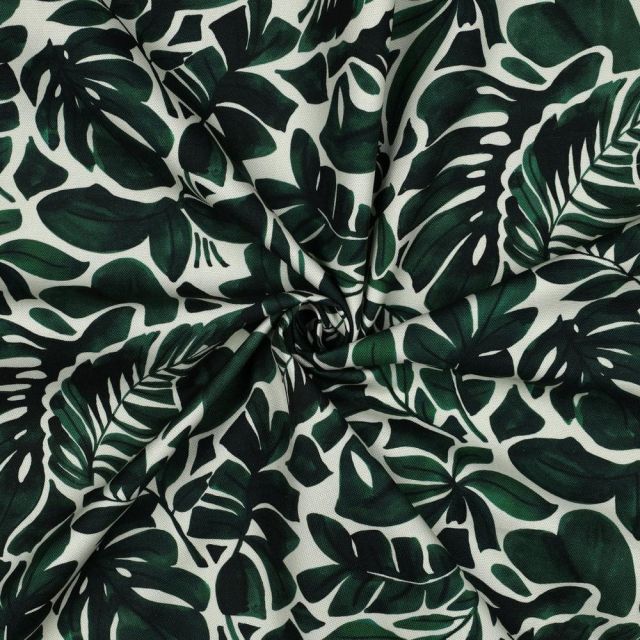 Tissu Toile de Coton canvas digital Iris feuillage Vert sur fond Blanc