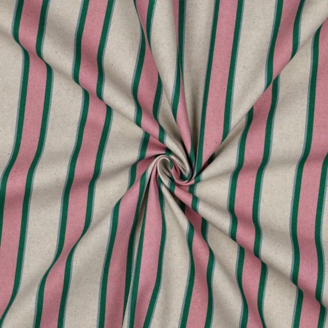 Tissu Toile Polycoton canvas aspect lin Lior rayures Rose et Vert sur fond Naturel
