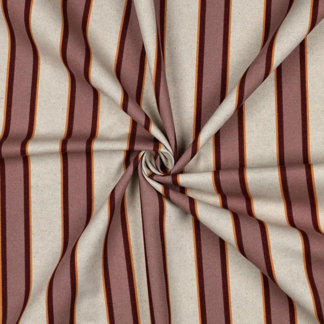 Tissu Toile Polycoton canvas aspect lin Lior rayures Vieux rose et Orange sur fond Naturel