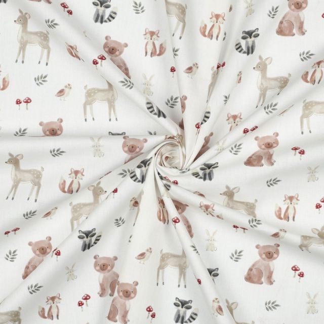 Tissu Popeline de Coton digital Tara animaux de la forêt sur fond Blanc