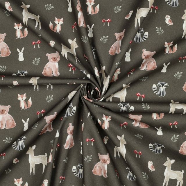 Tissu Popeline de Coton digital Tara animaux de la forêt sur fond Vert kaki