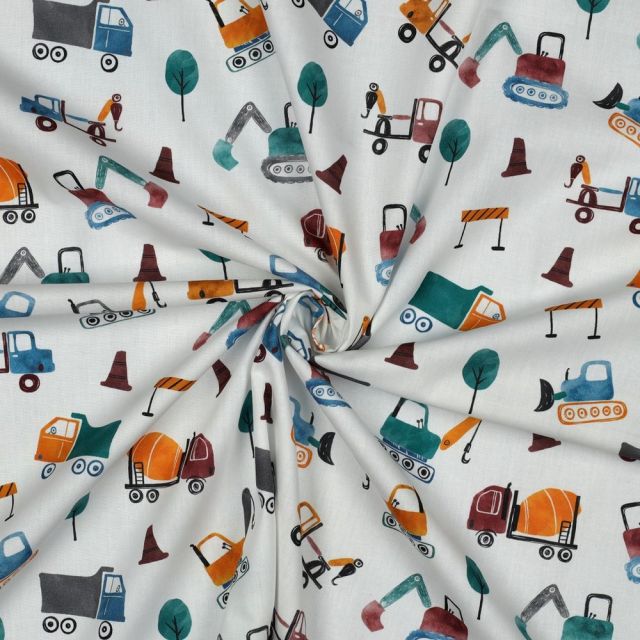 Tissu Popeline de Coton digital Tom engins de chantier sur fond Blanc