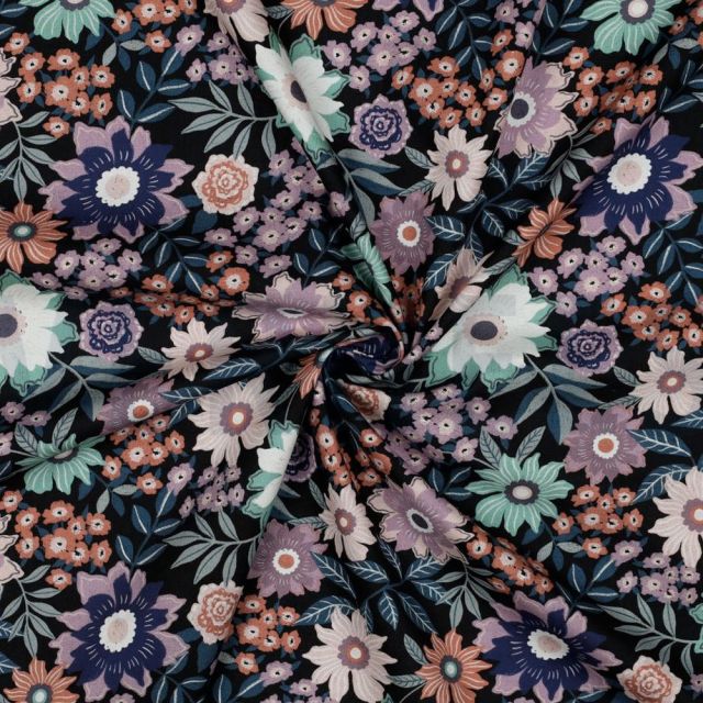 Tissu Popeline de Coton Poppy tissage fin fleurs Lio sur fond Noir