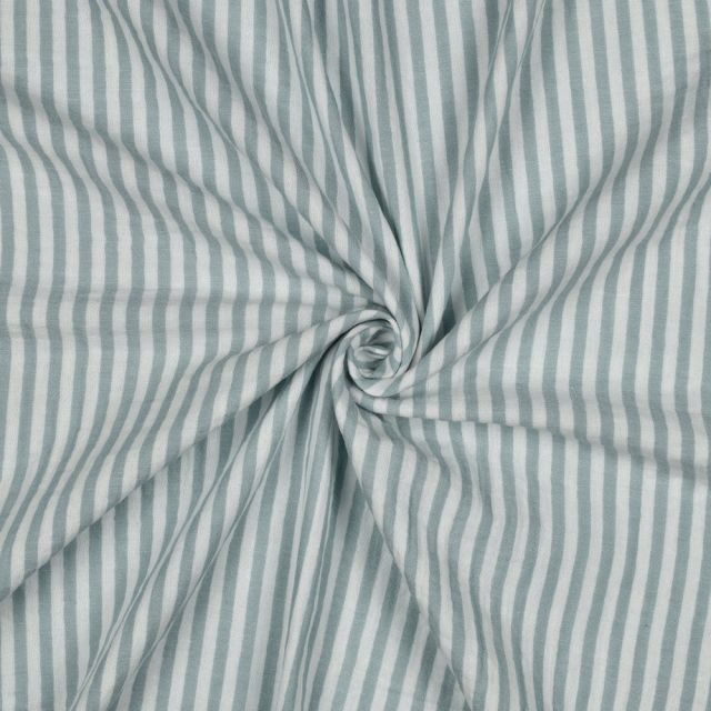 Tissu Double gaze de Coton fil teint Rayures Sauge sur fond Blanc cassé