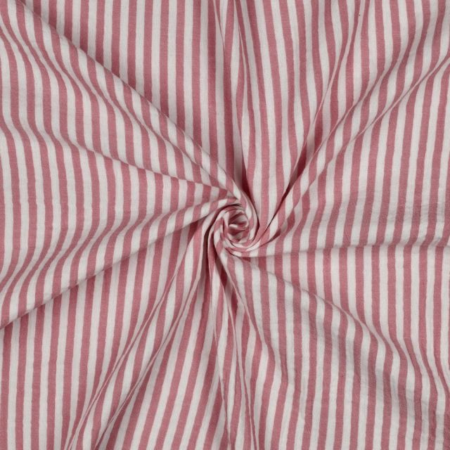 Tissu Double gaze de Coton fil teint Rayures Rose poudré sur fond Blanc